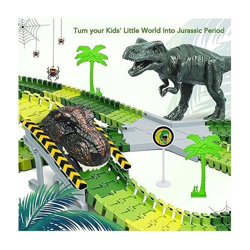  Dinosaur Toys, 252 PCS Create A Dinosaur World Road Race Tracks, Flexible Track Playset, 2pcs Dinosaur Car for 3 4 5 6 Year Old Boys Girls Best Gift