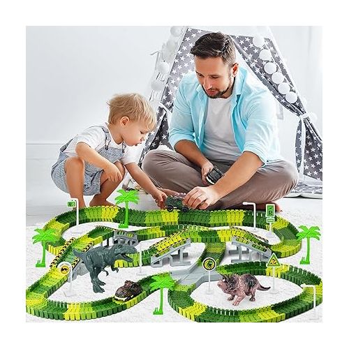  Dinosaur Toys, 252 PCS Create A Dinosaur World Road Race Tracks, Flexible Track Playset, 2pcs Dinosaur Car for 3 4 5 6 Year Old Boys Girls Best Gift