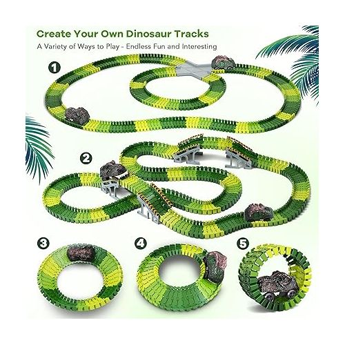  Dinosaur Toys, 252 PCS Create A Dinosaur World Road Race Tracks, Flexible Track Playset, 2pcs Dinosaur Car for 3 4 5 6 Year Old Boys Girls Best Gift