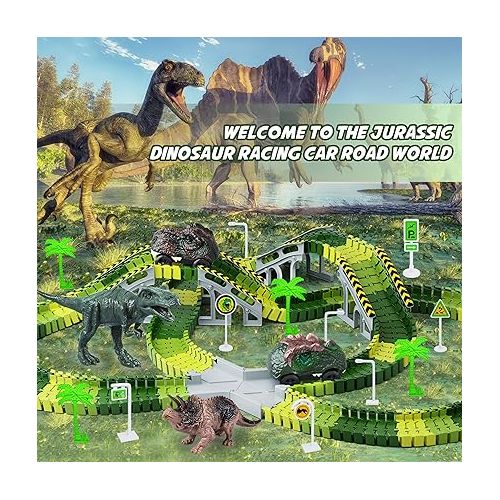  Dinosaur Toys, 252 PCS Create A Dinosaur World Road Race Tracks, Flexible Track Playset, 2pcs Dinosaur Car for 3 4 5 6 Year Old Boys Girls Best Gift