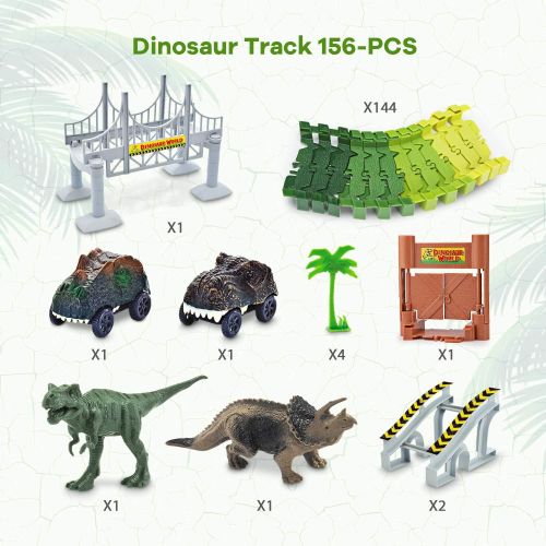  [아마존 핫딜] Toyk Dinosaur Toys,156pcs Create A Dinosaur World Road Race,Flexible Track Playset and 2 pcs Cool Dinosaur car for 3 4 5 6 Year & Up Old boy Girls Best Gift