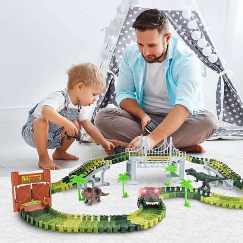  [아마존 핫딜] Toyk Dinosaur Toys,156pcs Create A Dinosaur World Road Race,Flexible Track Playset and 2 pcs Cool Dinosaur car for 3 4 5 6 Year & Up Old boy Girls Best Gift