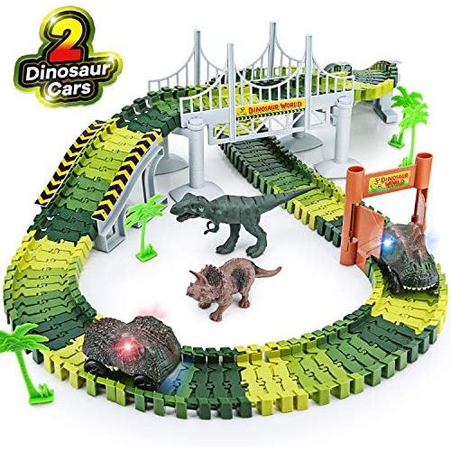  [아마존베스트]Dinosaur Toys,156pcs Create A Dinosaur World Road Race,Flexible Track Playset and 2 pcs Cool Dinosaur car for 3 4 5 6 Year & Up Old boy Girls Best Gift (Green-1)