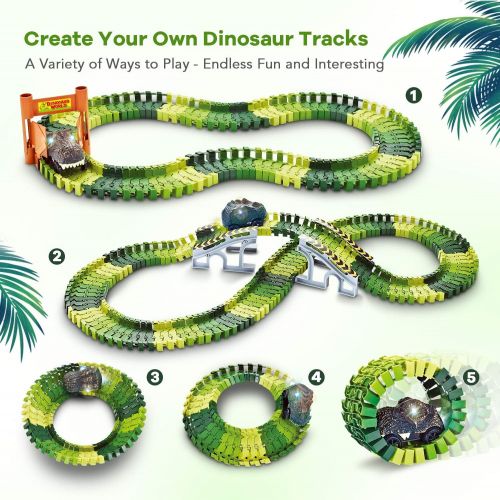  [아마존베스트]Dinosaur Toys,156pcs Create A Dinosaur World Road Race,Flexible Track Playset and 2 pcs Cool Dinosaur car for 3 4 5 6 Year & Up Old boy Girls Best Gift (Green-1)