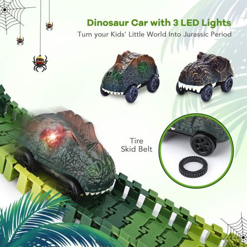  [아마존베스트]Dinosaur Toys,156pcs Create A Dinosaur World Road Race,Flexible Track Playset and 2 pcs Cool Dinosaur car for 3 4 5 6 Year & Up Old boy Girls Best Gift (Green-1)