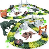 Toyk Dinosaur Toys,156pcs Create A Dinosaur World Road Race,Flexible Track Playset and 2 pcs Cool Dinosaur car for 3 4 5 6 Year & Up Old boy Girls Best Gift