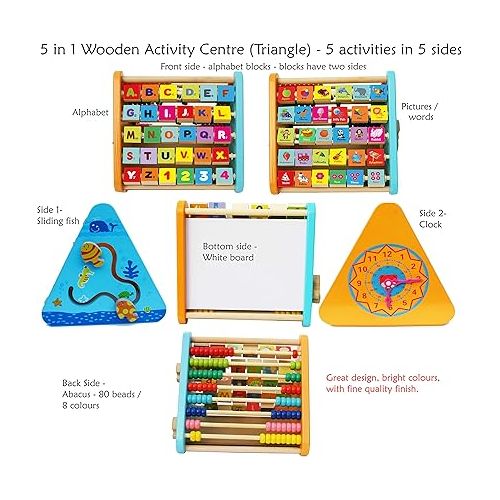  TOWO Activity Centre Triangle Toys - flip Flop Alphabet Blocks Abacus Clock - Activity Cube for Toddlers 5 in 1- Toys for Babies Montessori Learning-Wooden Toys for 1 Year Old