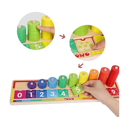  Toys of Wood Oxford Wooden Stacking Rings and Counting Games with 45 Rings Number Blocks- Counting Ring Stacker-Wooden Sorting Counting Toy for 3 Years Old Kids Maths Learning Montessori Materials