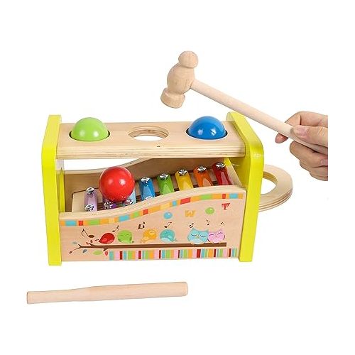  TOWO Wooden Hammer Ball and Xylophone Set - Mallet and Pegs Pound a Ball Tap Bench- Toys for Babies 1 Year Old Baby Boy Girl Toddler Gift - Small Motor Skill Sensory Musical Activity Toys for Kids