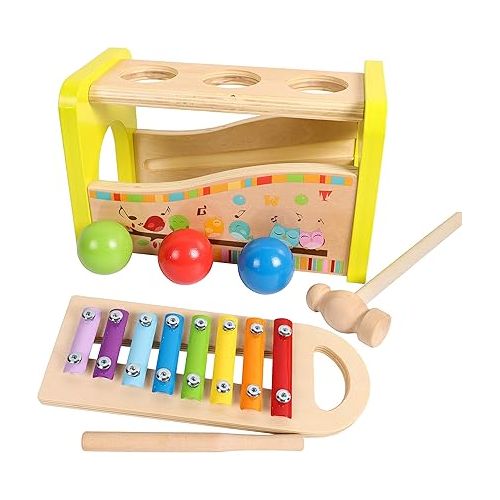  TOWO Wooden Hammer Ball and Xylophone Set - Mallet and Pegs Pound a Ball Tap Bench- Toys for Babies 1 Year Old Baby Boy Girl Toddler Gift - Small Motor Skill Sensory Musical Activity Toys for Kids