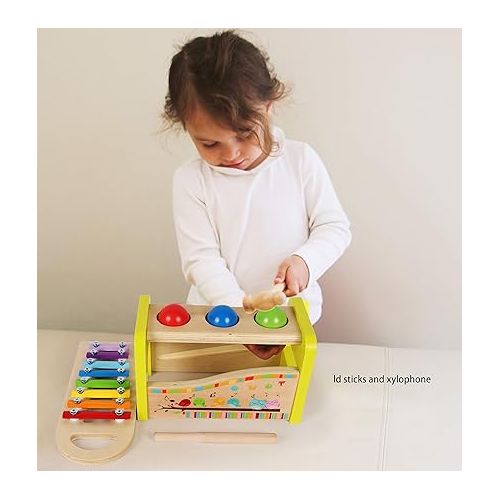  TOWO Wooden Hammer Ball and Xylophone Set - Mallet and Pegs Pound a Ball Tap Bench- Toys for Babies 1 Year Old Baby Boy Girl Toddler Gift - Small Motor Skill Sensory Musical Activity Toys for Kids