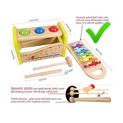  TOWO Wooden Hammer Ball and Xylophone Set - Mallet and Pegs Pound a Ball Tap Bench- Toys for Babies 1 Year Old Baby Boy Girl Toddler Gift - Small Motor Skill Sensory Musical Activity Toys for Kids