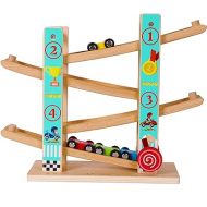 TOWO Pure Wooden Car Ramp - Zig Zag Car Slide Run with 4 Wooden Cars Playsets-Click Clack Track Wooden Car Toys for Toddlers -Racing Car Toys for Kids Boys Girls 2 3 4