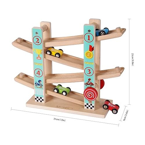  TOWO Pure Wooden Car Ramp - Zig Zag Car Slide Run with 4 Wooden Cars Playsets-Click Clack Track Wooden Car Toys for Toddlers -Racing Car Toys for Kids Boys Girls 2 3 4