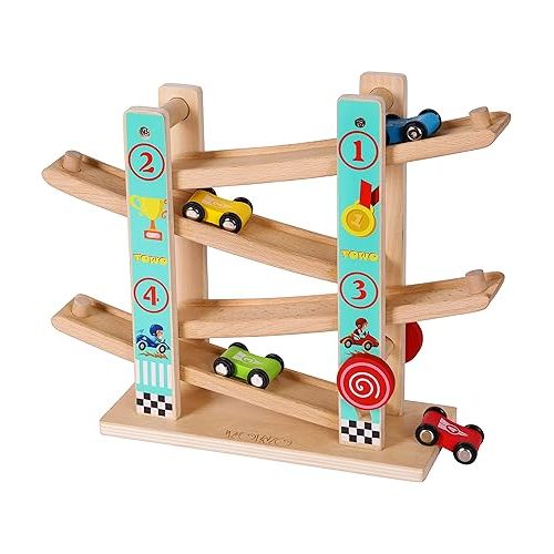  TOWO Pure Wooden Car Ramp - Zig Zag Car Slide Run with 4 Wooden Cars Playsets-Click Clack Track Wooden Car Toys for Toddlers -Racing Car Toys for Kids Boys Girls 2 3 4