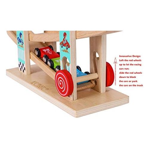  Toys of Wood Oxford TOWO Pure Wooden Car Ramp - Zig Zag Car Slide Run with 4 Wooden Cars Playsets-Click Clack Track Wooden Car Toys for Toddlers -Racing Car Toys for Kids Boys Girls 2 3 4