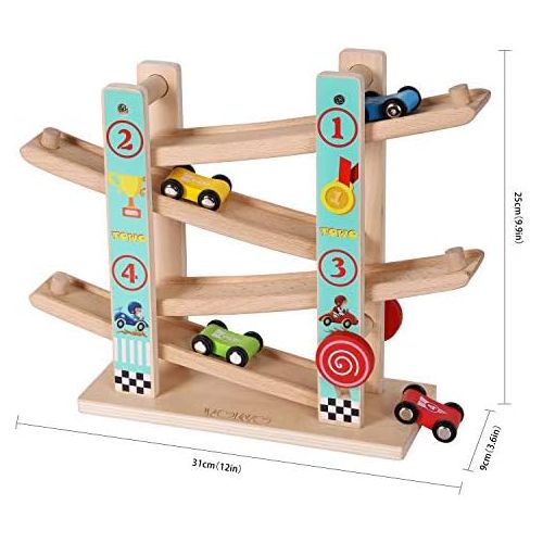  Toys of Wood Oxford TOWO Pure Wooden Car Ramp - Zig Zag Car Slide Run with 4 Wooden Cars Playsets-Click Clack Track Wooden Car Toys for Toddlers -Racing Car Toys for Kids Boys Girls 2 3 4