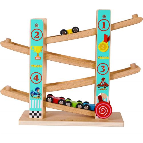  Toys of Wood Oxford TOWO Pure Wooden Car Ramp - Zig Zag Car Slide Run with 4 Wooden Cars Playsets-Click Clack Track Wooden Car Toys for Toddlers -Racing Car Toys for Kids Boys Girls 2 3 4