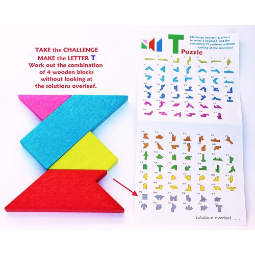  Toys of Wood Oxford Wooden Tangram T Puzzle for Kids - Wooden Pattern Blocks Geometric Shapes Montessori Toy Large Size with 100 Solutions- Travel Games - Smart Brain Teaser IQ Logic Puzzle for Childr