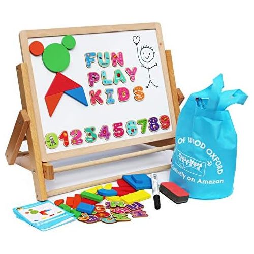  Toys of Wood Oxford Wooden Easel for Children Foldable Double Magnetic Boards Magnetic Shapes Letters Numbers and Paper roll Kids Art Easel -Table Top Magnetic Board for Kids