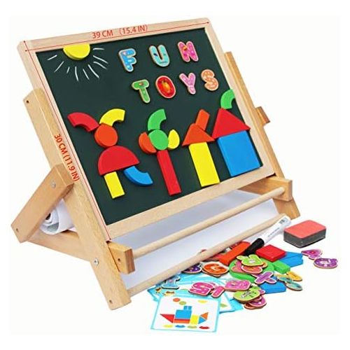  Toys of Wood Oxford Wooden Easel for Children Foldable Double Magnetic Boards Magnetic Shapes Letters Numbers and Paper roll Kids Art Easel -Table Top Magnetic Board for Kids