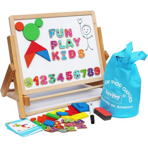  Toys of Wood Oxford Wooden Easel for Children Foldable Double Magnetic Boards Magnetic Shapes Letters Numbers and Paper roll Kids Art Easel -Table Top Magnetic Board for Kids