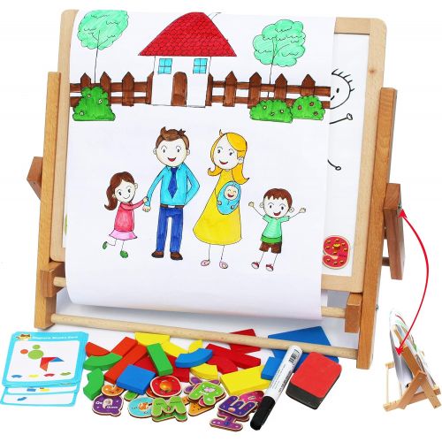  Toys of Wood Oxford Wooden Easel for Children Foldable Double Magnetic Boards Magnetic Shapes Letters Numbers and Paper roll Kids Art Easel -Table Top Magnetic Board for Kids