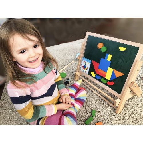  Toys of Wood Oxford Wooden Easel for Children Foldable Double Magnetic Boards Magnetic Shapes Letters Numbers and Paper roll Kids Art Easel -Table Top Magnetic Board for Kids