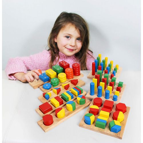  Toys of Wood Oxford TOWO Wooden Geometric Shapes Stacking Rings and Fractions Boards 8 in 1 Set Puzzles- Shape Sorter Sorting Toy Stacking Game  Montessori Materials Educational Learning Toys for 3 4