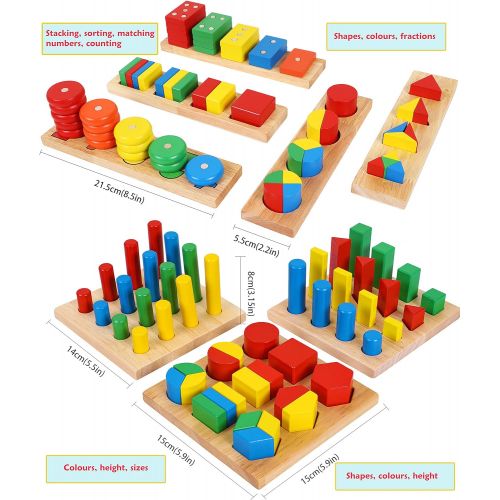  Toys of Wood Oxford TOWO Wooden Geometric Shapes Stacking Rings and Fractions Boards 8 in 1 Set Puzzles- Shape Sorter Sorting Toy Stacking Game  Montessori Materials Educational Learning Toys for 3 4