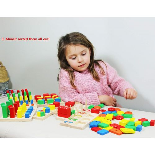  Toys of Wood Oxford TOWO Wooden Geometric Shapes Stacking Rings and Fractions Boards 8 in 1 Set Puzzles- Shape Sorter Sorting Toy Stacking Game  Montessori Materials Educational Learning Toys for 3 4