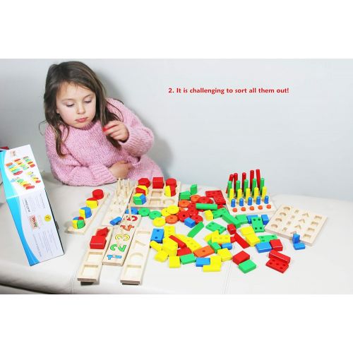  Toys of Wood Oxford TOWO Wooden Geometric Shapes Stacking Rings and Fractions Boards 8 in 1 Set Puzzles- Shape Sorter Sorting Toy Stacking Game  Montessori Materials Educational Learning Toys for 3 4