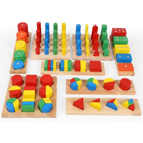  Toys of Wood Oxford TOWO Wooden Geometric Shapes Stacking Rings and Fractions Boards 8 in 1 Set Puzzles- Shape Sorter Sorting Toy Stacking Game  Montessori Materials Educational Learning Toys for 3 4