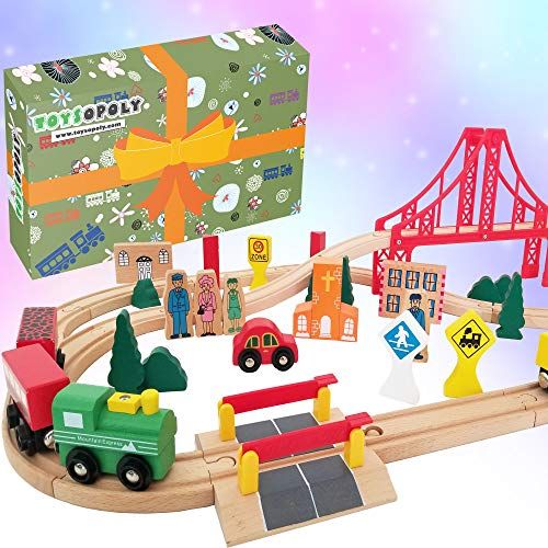  ToysOpoly Wooden Train Tracks Full Set, Deluxe 55 Pcs with 3 Destination Fits Thomas, Brio, IKEA, Chuggington, Imaginarium, Melissa and Doug - Best Gifts for Kids Toddler Boys and Girls