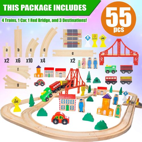  ToysOpoly Wooden Train Tracks Full Set, Deluxe 55 Pcs with 3 Destination Fits Thomas, Brio, IKEA, Chuggington, Imaginarium, Melissa and Doug - Best Gifts for Kids Toddler Boys and Girls