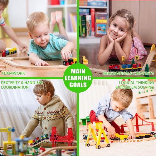  ToysOpoly Wooden Train Tracks Full Set, Deluxe 55 Pcs with 3 Destination Fits Thomas, Brio, IKEA, Chuggington, Imaginarium, Melissa and Doug - Best Gifts for Kids Toddler Boys and Girls