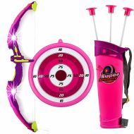 Toysery Kids Toy Bow & Arrow Archery Set with Arrow Holder with Target Stand - LED Light Up Function - Hunting Series Toy for Girls, Pink