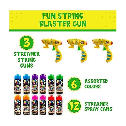  Toysery Party Streamer - Ultimate Spray String for Kids Christmas Party. Elevate Your Celebrations with Crazy String Fun! Comes with 12 Party Spray String in Can (3oz) & 3 Streamer Shooter Guns