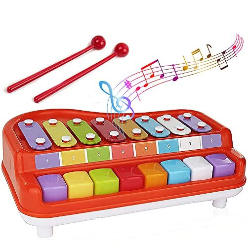  Toysery 2 in 1 Piano Xylophone Kids Toy, Educational Toddler Musical Instruments ToySet, 8 Multicolored Key Scales in Crisp and Clear Tones with Mallets Music Cards and Songbook fo