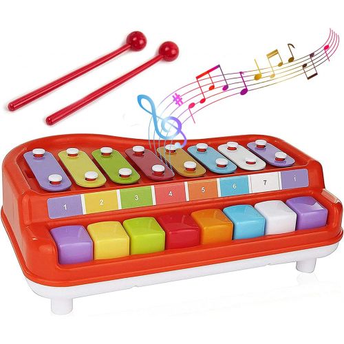  Toysery 2 in 1 Piano Xylophone Kids Toy, Educational Toddler Musical Instruments ToySet, 8 Multicolored Key Scales in Crisp and Clear Tones with Mallets Music Cards and Songbook fo