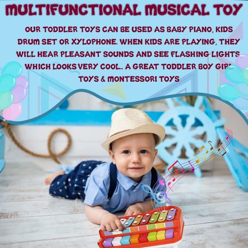  Toysery 2 in 1 Piano Xylophone Kids Toy, Educational Toddler Musical Instruments ToySet, 8 Multicolored Key Scales in Crisp and Clear Tones with Mallets Music Cards and Songbook fo