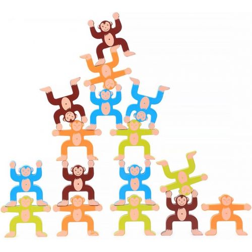  [아마존베스트]Toyssa Wooden Stacking Games Monkeys Interlock Toys Balancing Blocks Games Toddler Educational Toys for 3 4 5 6 Years Old Kids Infants Adults 16 Pieces