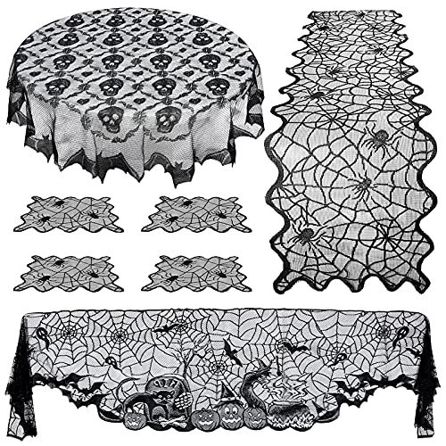  Toyvian 7pcs Halloween Decorations Tablecloth Halloween Bat Skull Lace Tablecloth Spiderweb Fireplace Mantle Scarf Spider Web Table Runner Cover Table Topper for Halloween Party