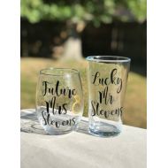 TraceysTrendyVinyl Future Mrs Lucky Mr glass set, Lucky Mr, Pint glass, Beer glass, Stemless Wine glass, Couples glass set, Engagement Gift, Proposal Gift