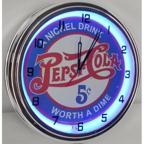  Trademark PEPSI COLA - 5 CENTS WORTH A DIME 15 NEON LIGHTED WALL CLOCK POP SHOP BAR VINTAGE STYLE GARAGE SIGN BLUE