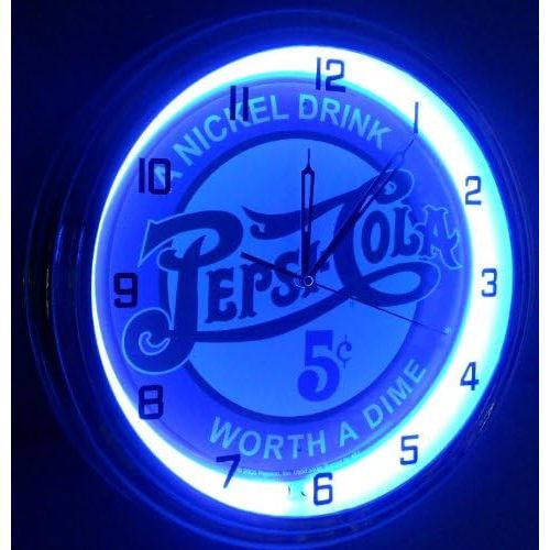  Trademark PEPSI COLA - 5 CENTS WORTH A DIME 15 NEON LIGHTED WALL CLOCK POP SHOP BAR VINTAGE STYLE GARAGE SIGN BLUE