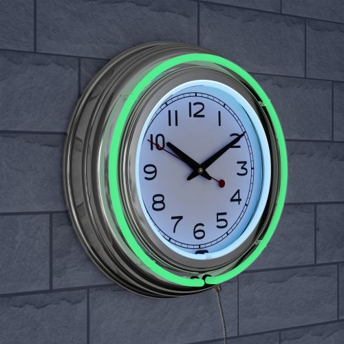  Trademark Art Retro Neon Wall Clock - Battery Operated Wall Clock Vintage Bar Garage Kitchen Game Room  14 Inch Round Analog by Lavish Home (Green and White)