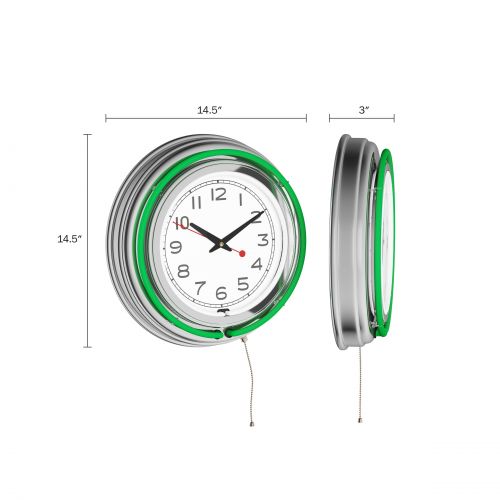  Trademark Art Retro Neon Wall Clock - Battery Operated Wall Clock Vintage Bar Garage Kitchen Game Room  14 Inch Round Analog by Lavish Home (Green and White)