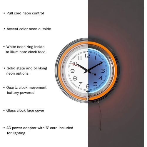  Trademark Gameroom Lavish Home Retro Neon Wall Clock - Battery Operated Wall Clock Vintage Bar Garage Kitchen Game Room  14 Inch Round Analog (Orange and White)