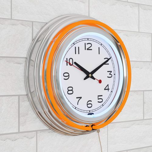  Trademark Gameroom Lavish Home Retro Neon Wall Clock - Battery Operated Wall Clock Vintage Bar Garage Kitchen Game Room  14 Inch Round Analog (Orange and White)